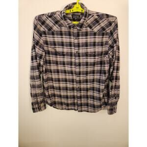 Lucky Brand Shirt Mens Large Gray Plaid Flannel Pearl Snap Saturday Stretch